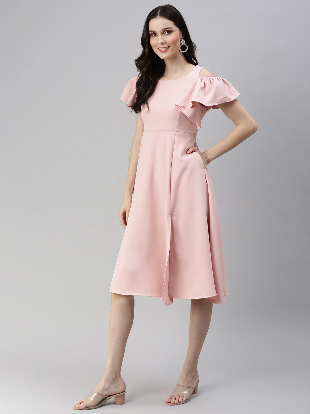 Women Solid Fit and Flare Pink Dress