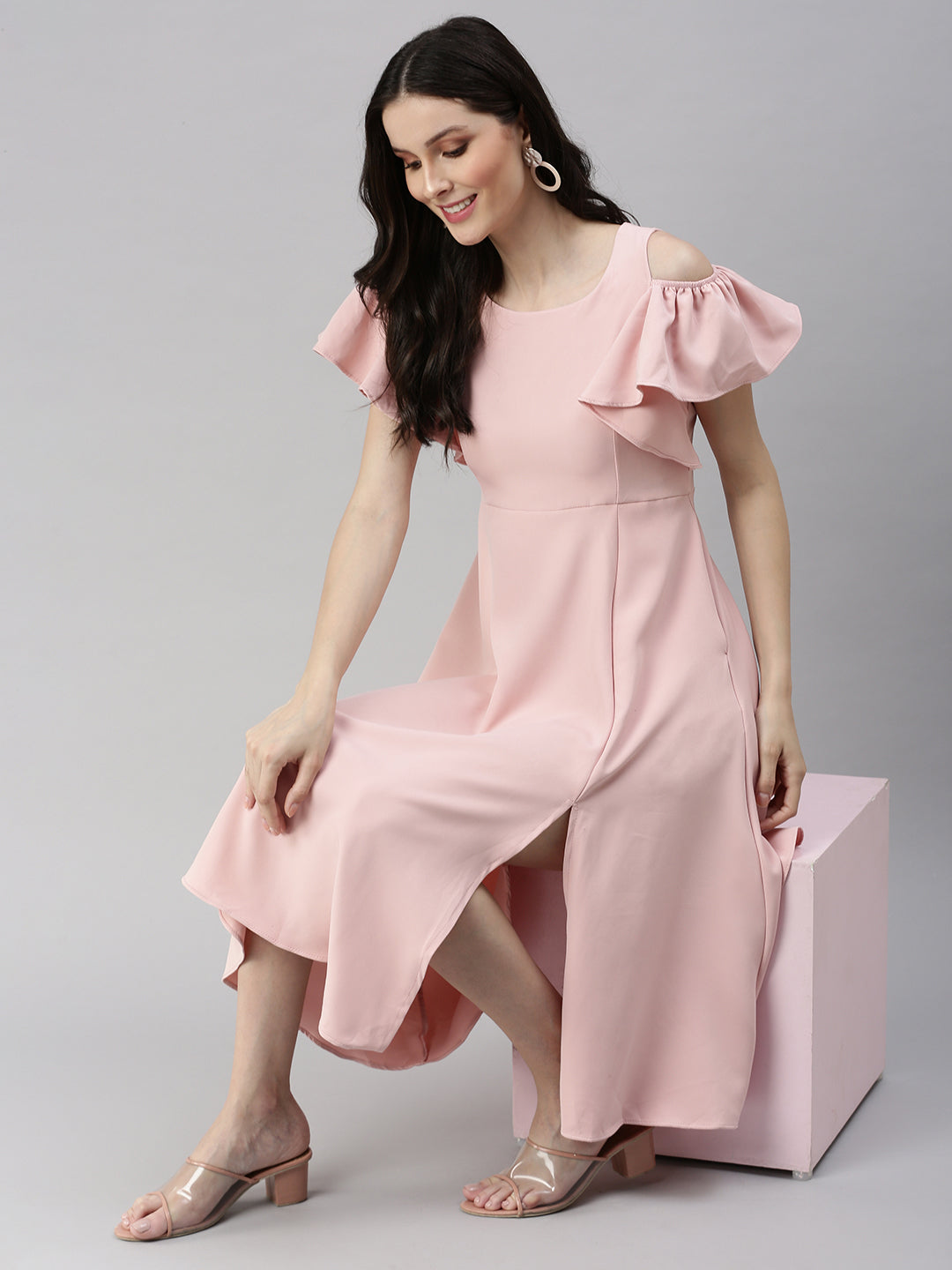 Women Solid Fit and Flare Pink Dress