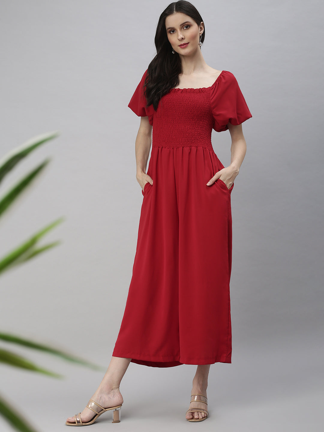 Women Off-Shoulder Solid Red Culotte Jumpsuit