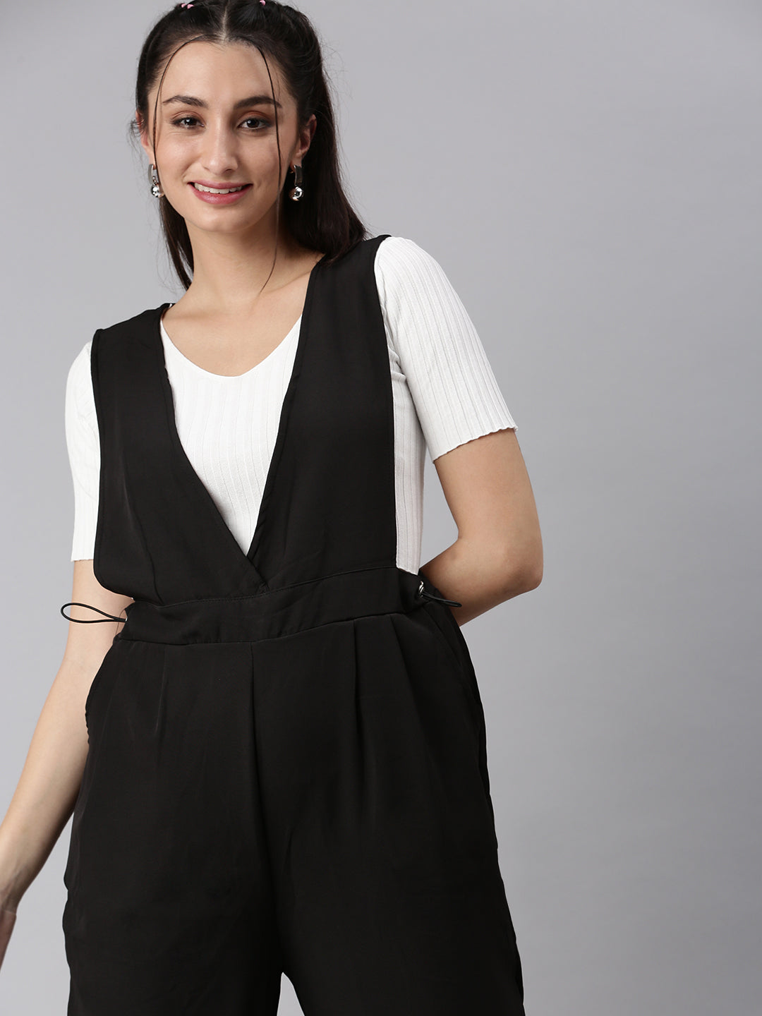 Women V-Neck Solid Black Culotte Jumpsuit