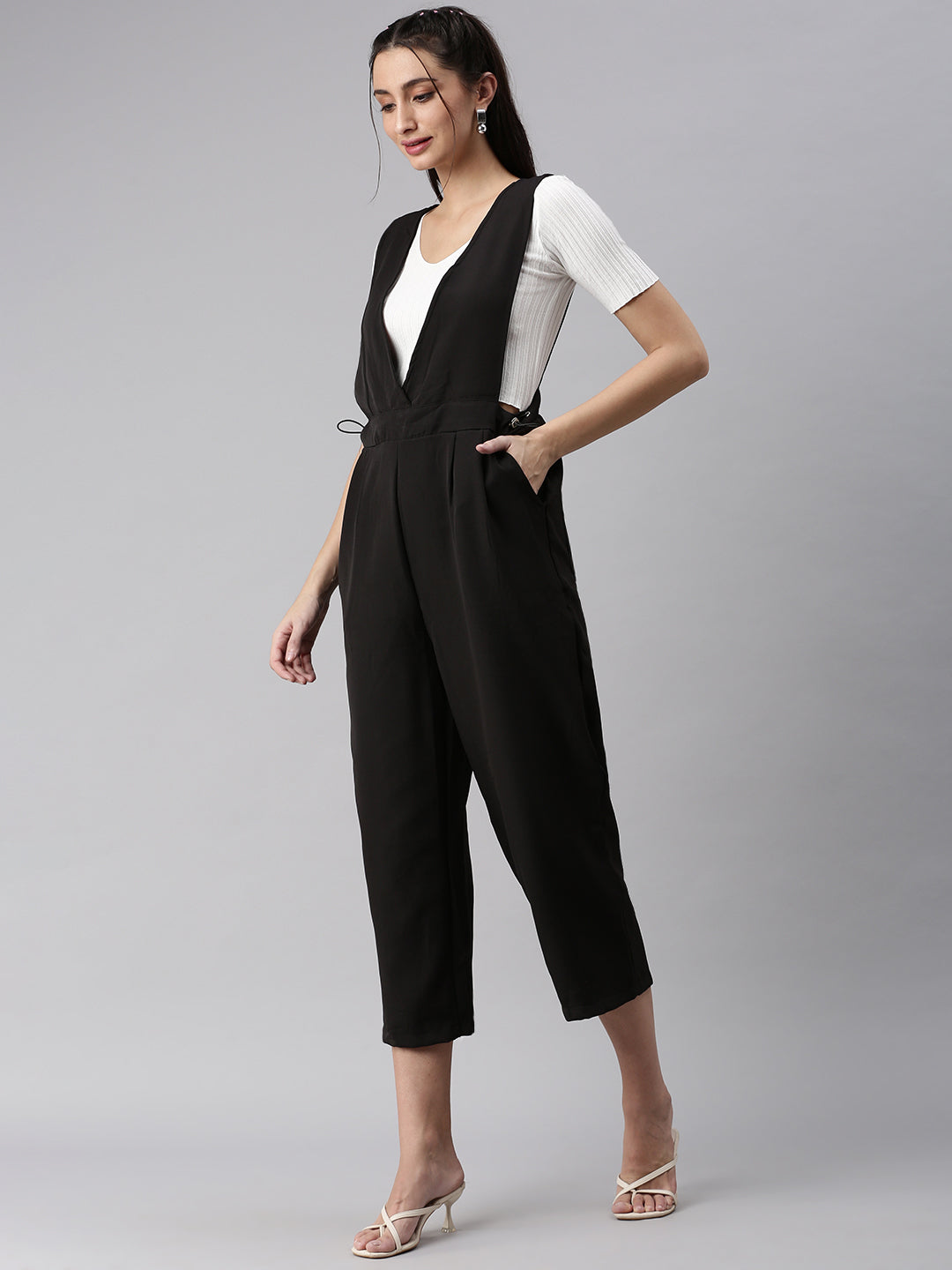 Women V-Neck Solid Black Culotte Jumpsuit