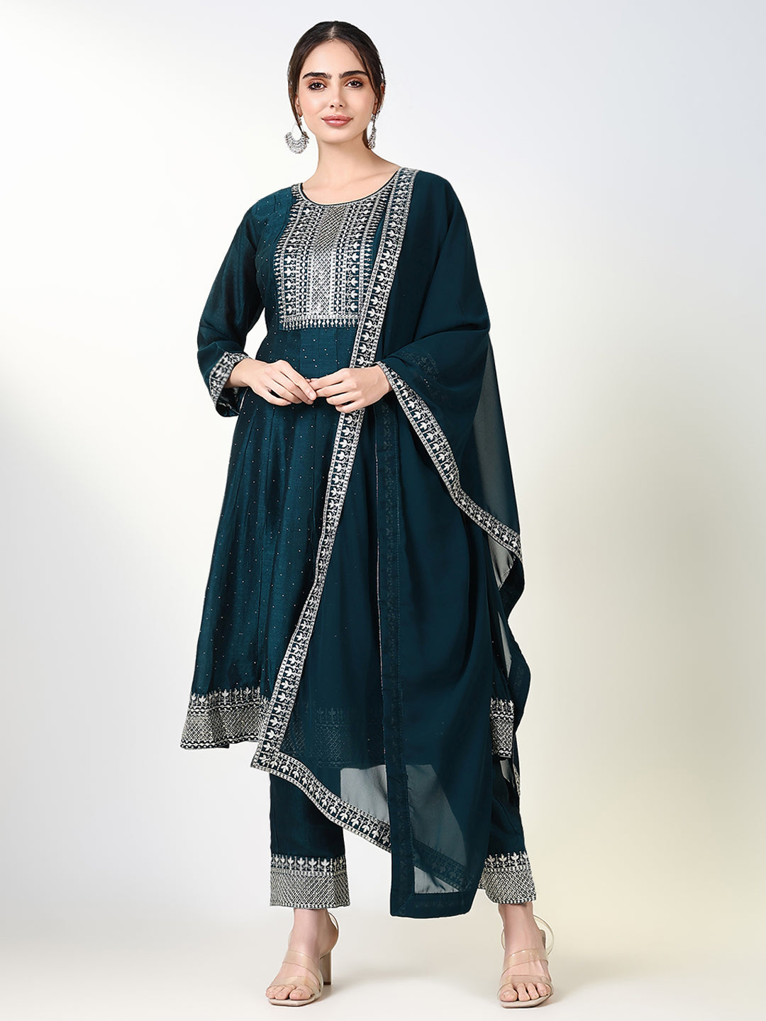 Women Solid Green Anarkali Kurta Set with Dupatta