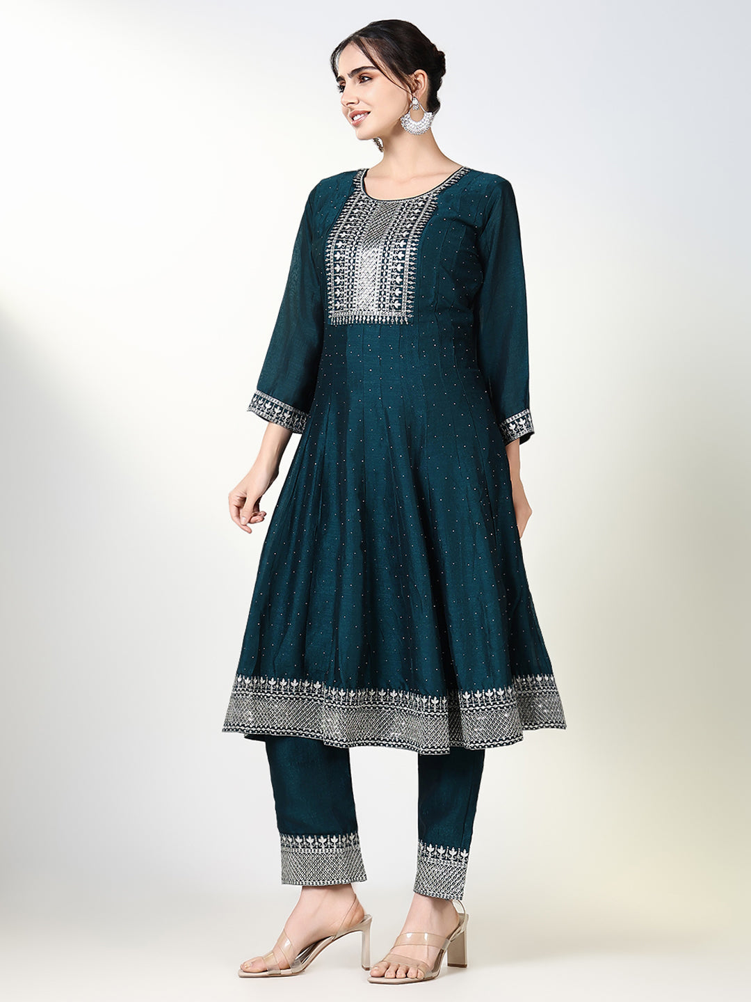 Women Solid Green Anarkali Kurta Set with Dupatta