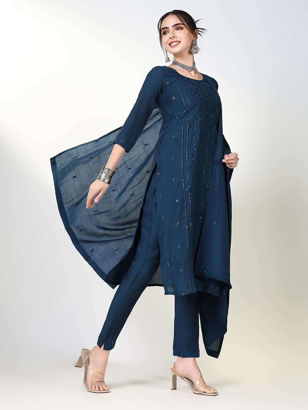 Women Solid Teal Straight Kurta Set with Dupatta