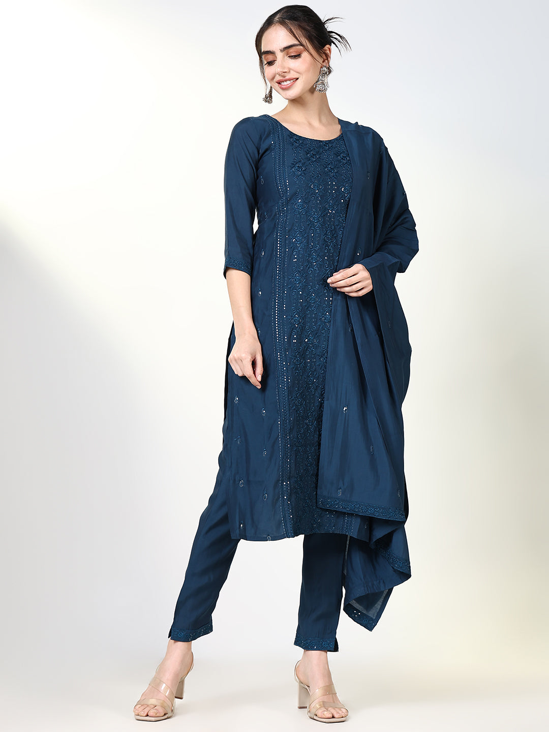 Women Solid Teal Straight Kurta Set with Dupatta