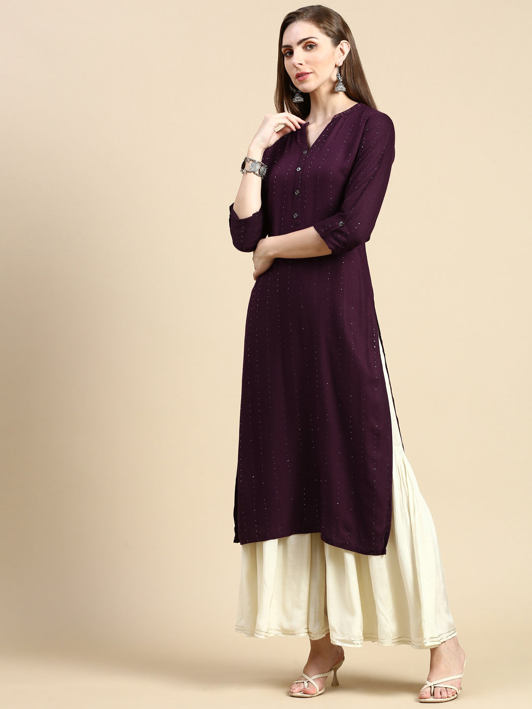 Women Solid Sequins Purple Straight Kurta