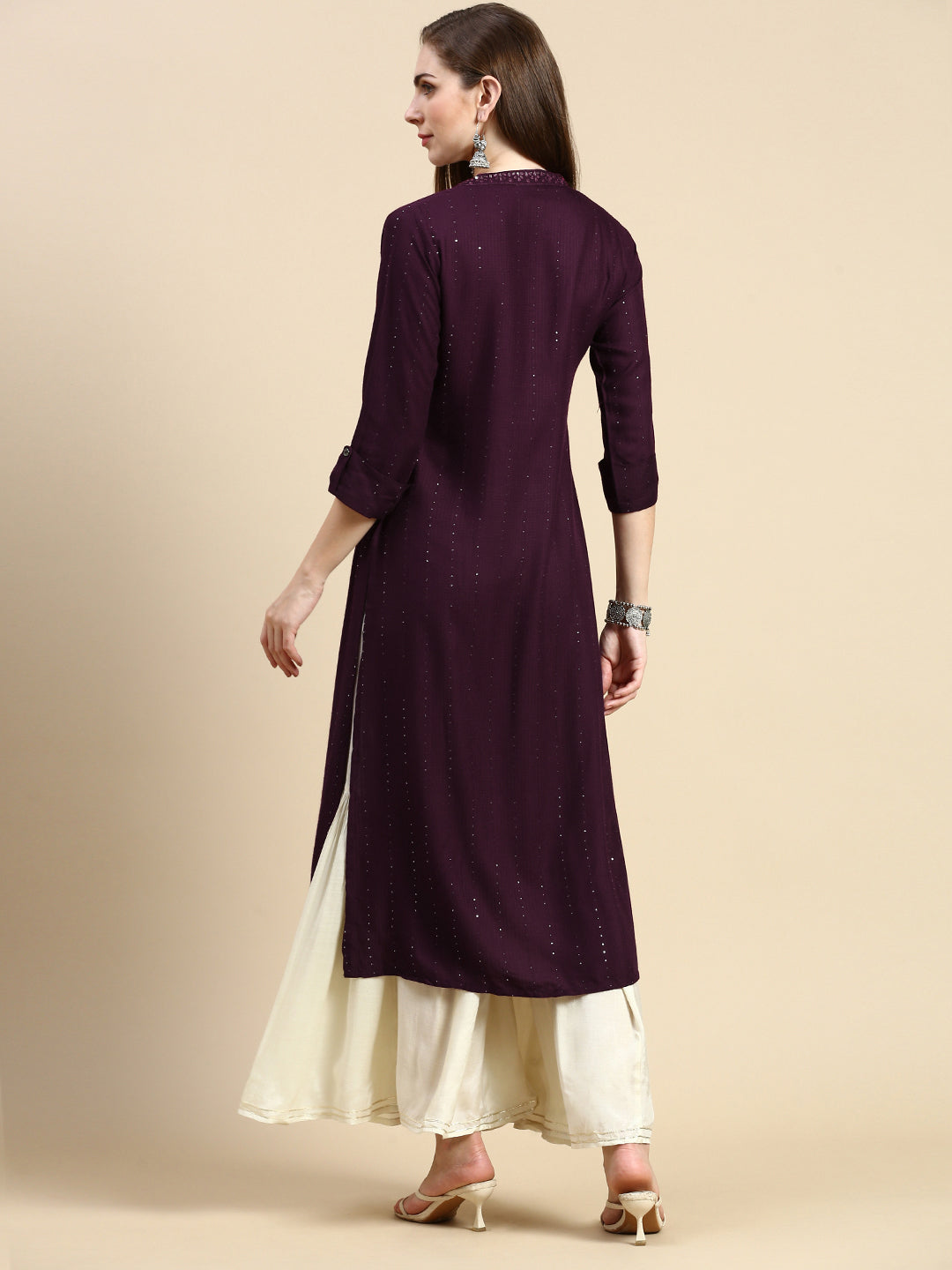 Women Solid Sequins Purple Straight Kurta
