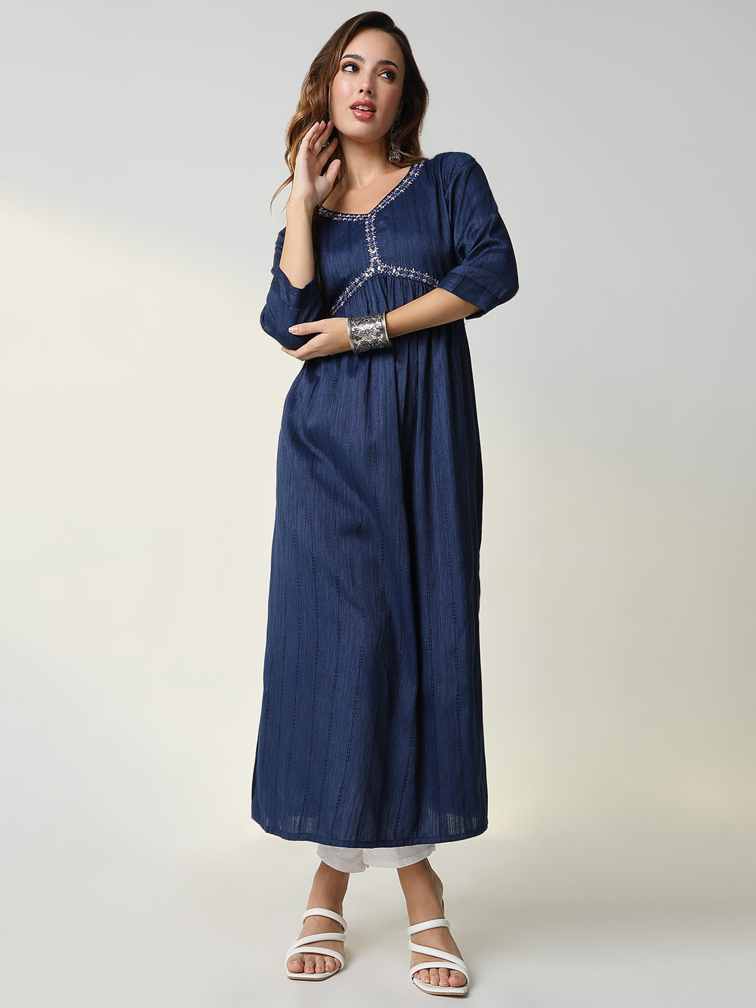 Women Navy Blue Solid Anarkali Kurta