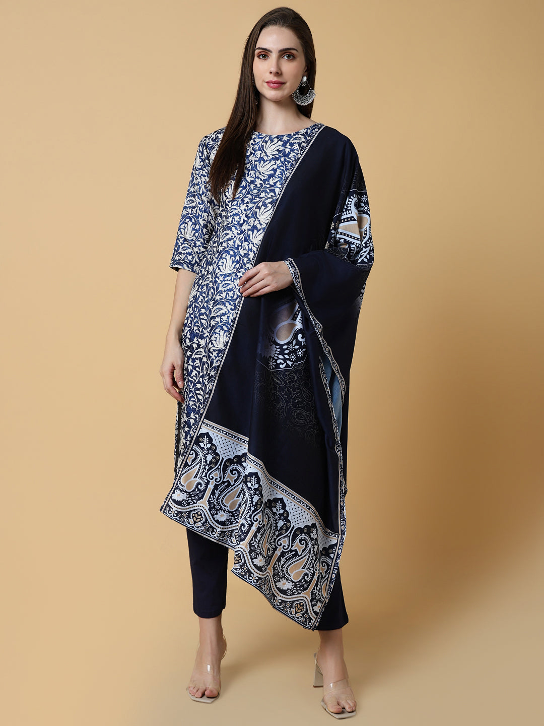 Women Graphic Navy Blue Straight Kurta Set with Dupatta