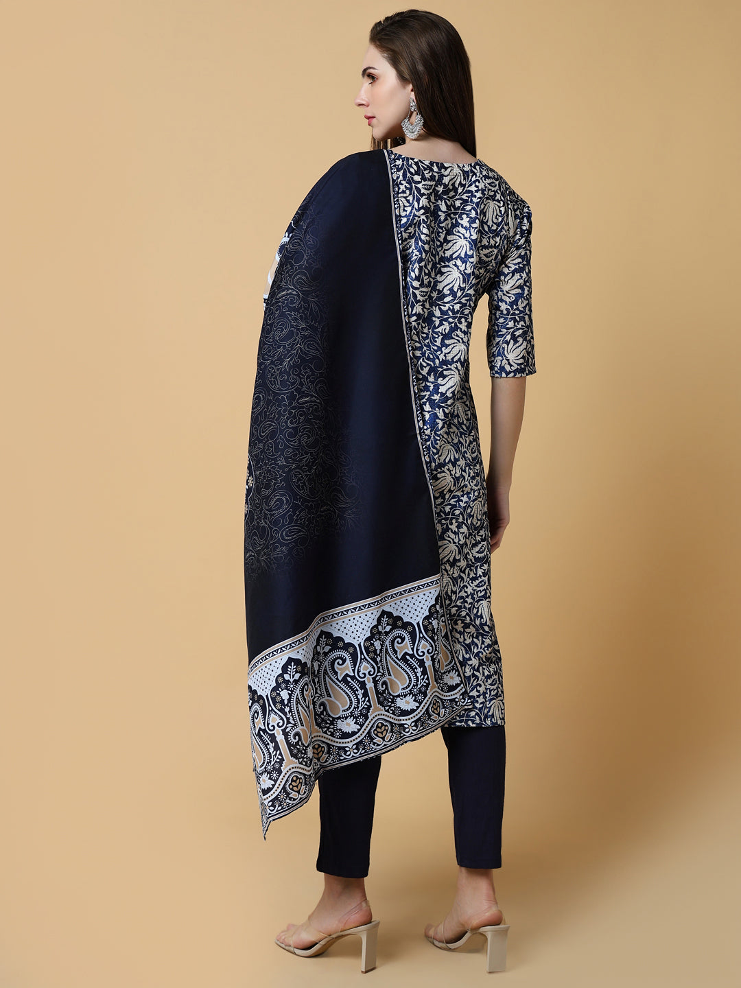 Women Graphic Navy Blue Straight Kurta Set with Dupatta