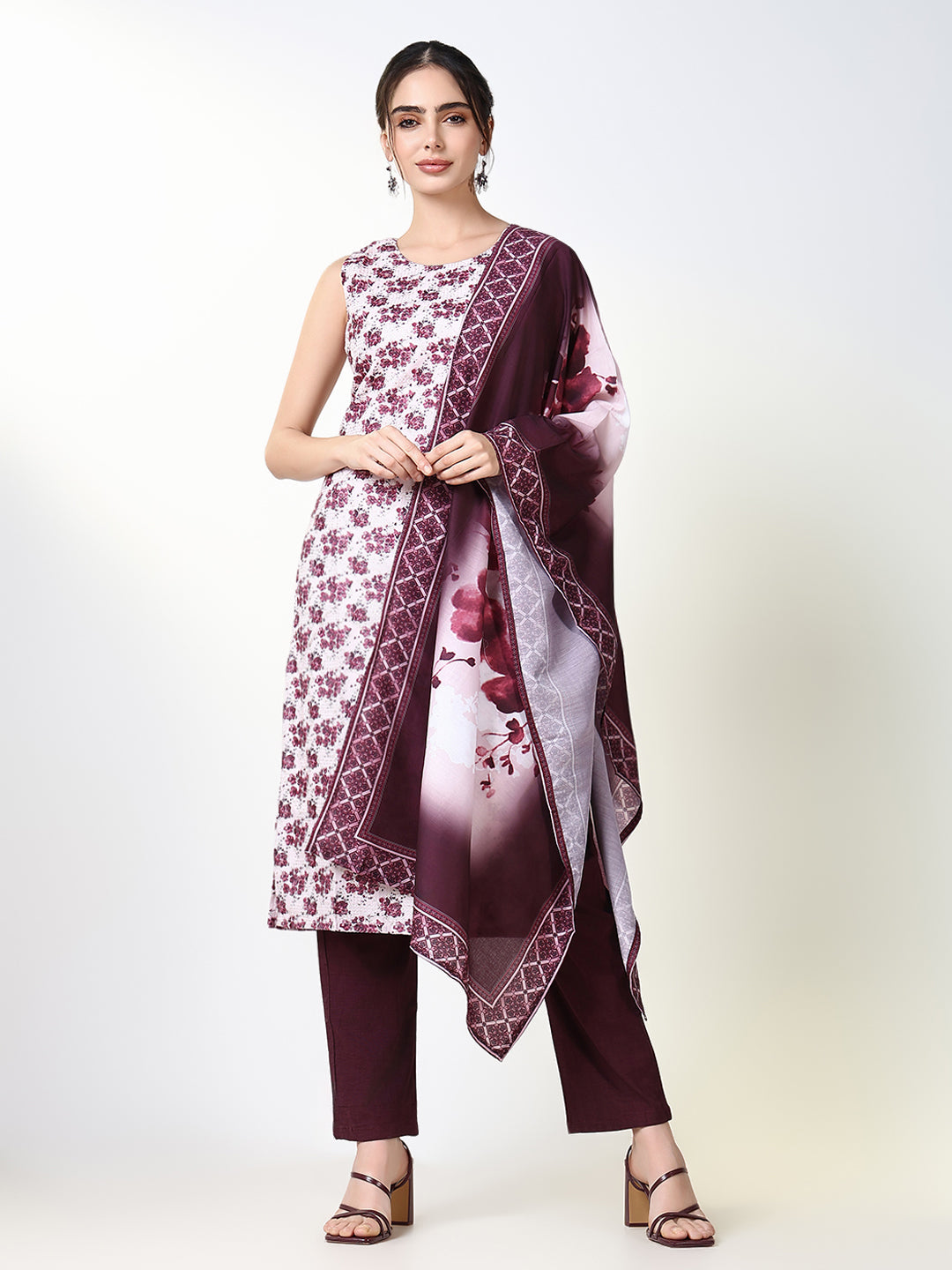 Women Floral Pink Straight Kurta Set with Dupatta