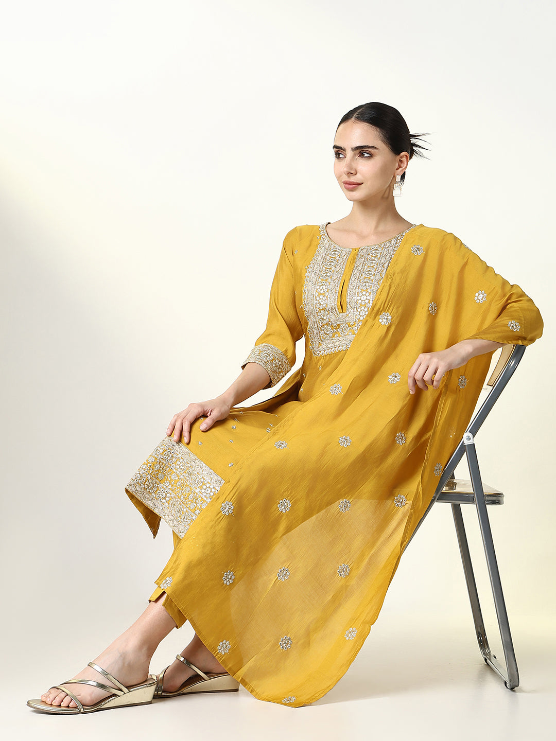 Women Solid Yellow Straight Kurta Set with Dupatta