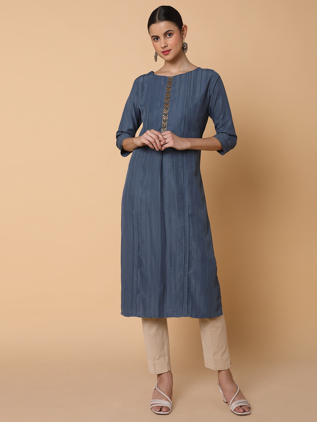 Women Straight Grey Woven Design Kurta