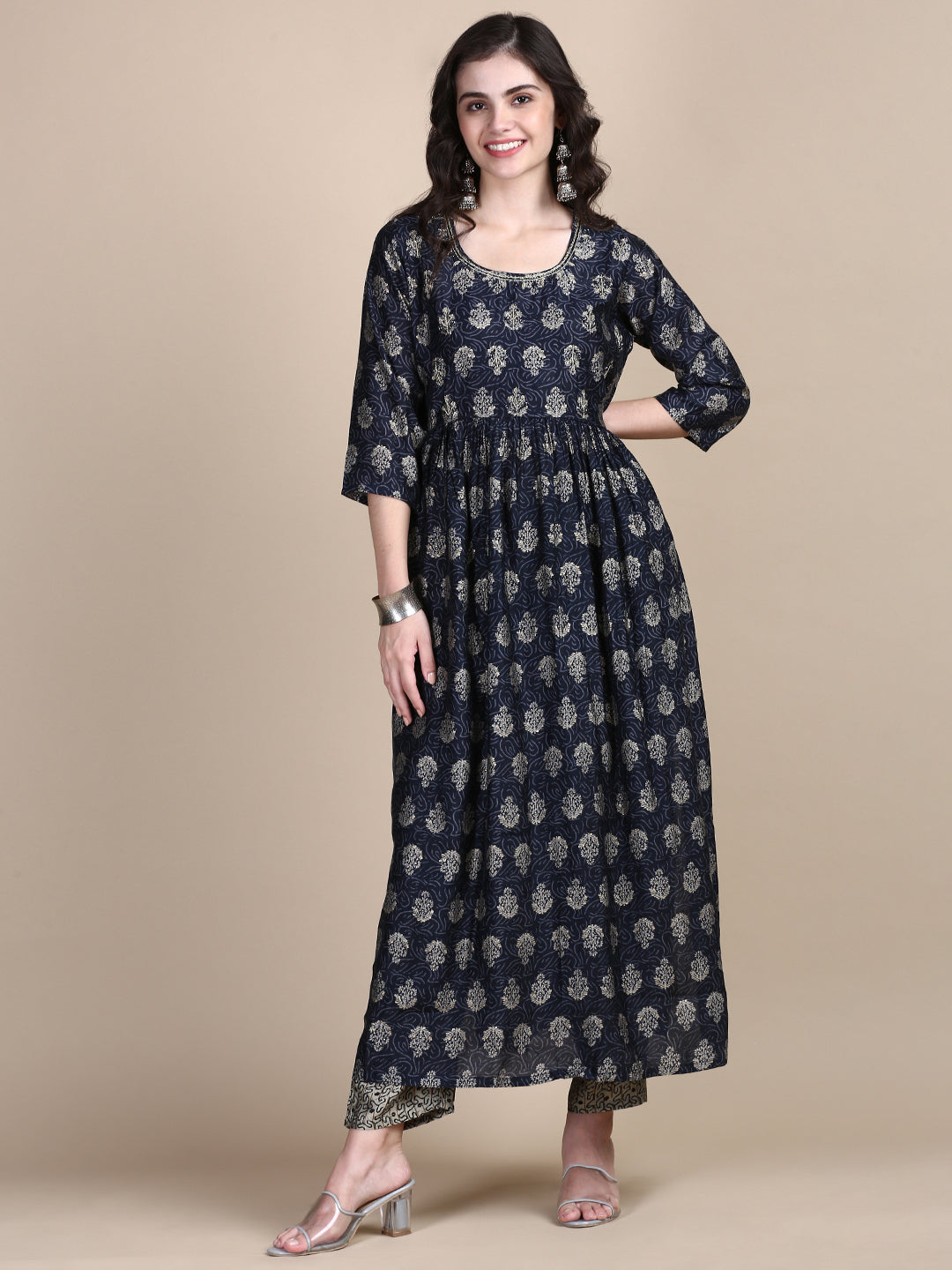 Women Floral Navy Blue A-Line Kurta Set