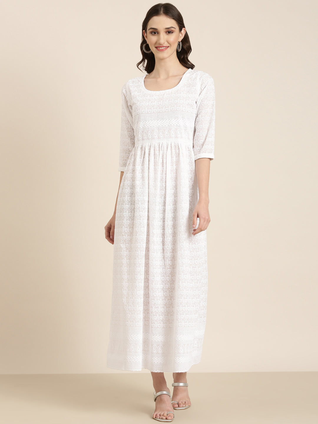 Women Solid Empire White Dress