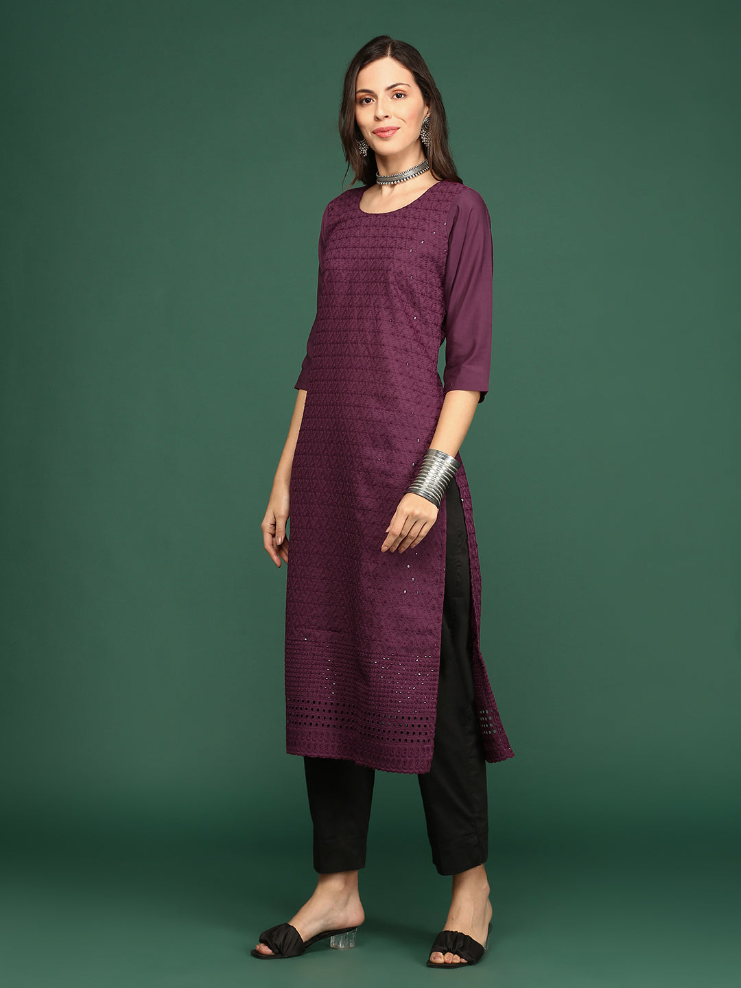 Women Purple Embellished Straight Kurta