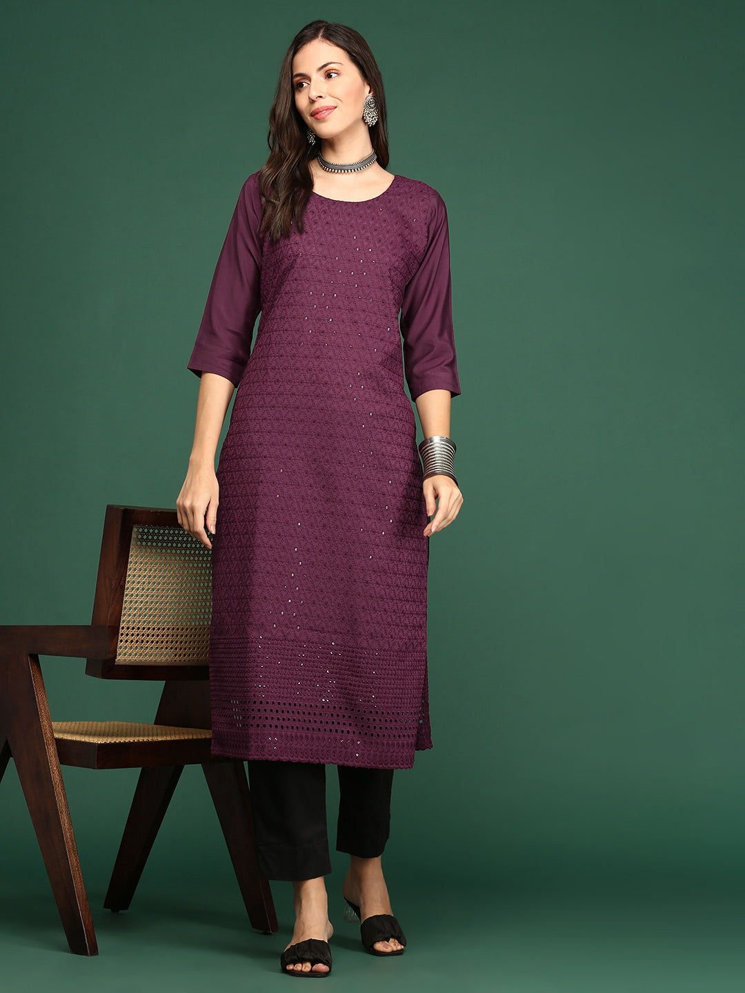 Women Purple Embellished Straight Kurta