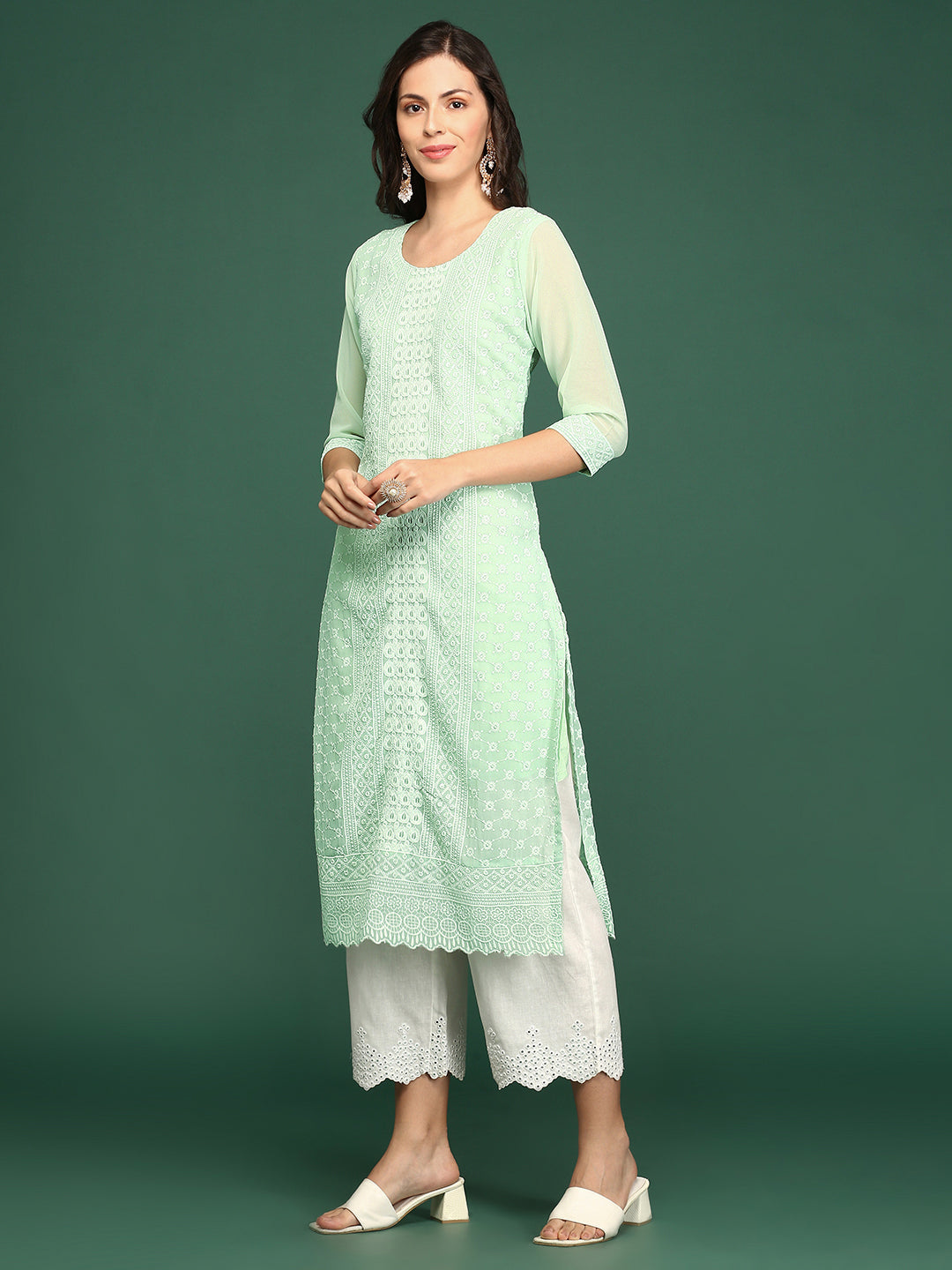 Women Sea Green Embellished Straight Kurta