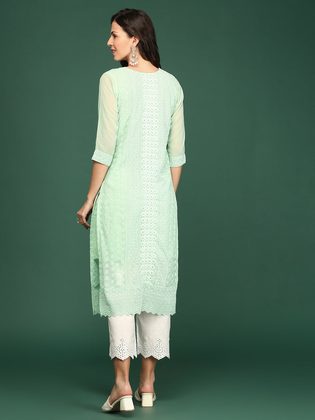 Women Sea Green Embellished Straight Kurta