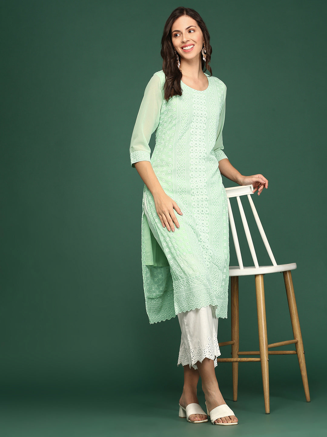 Women Sea Green Embellished Straight Kurta