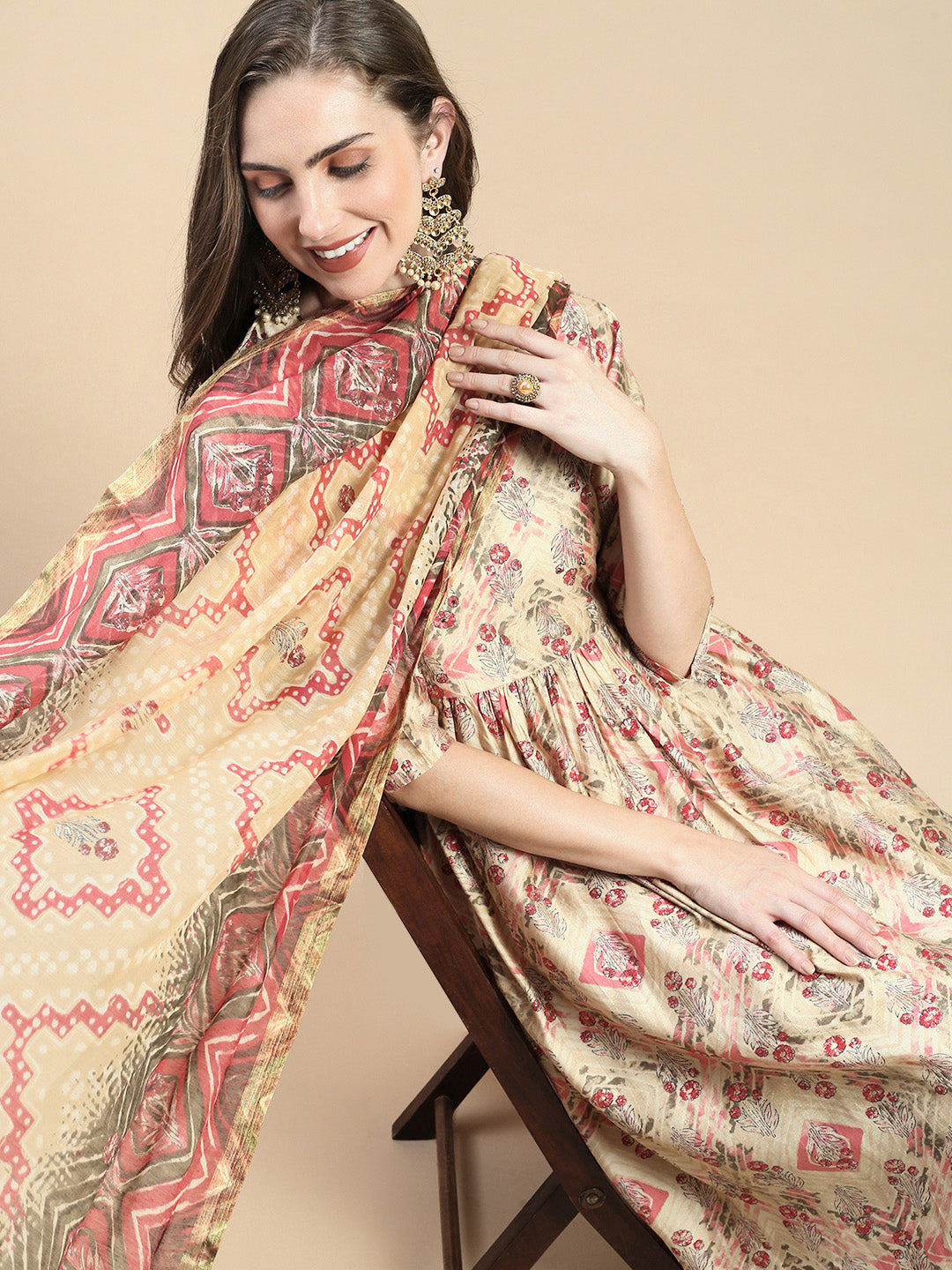 Women Floral Beige A-Line Kurta Set with Dupatta