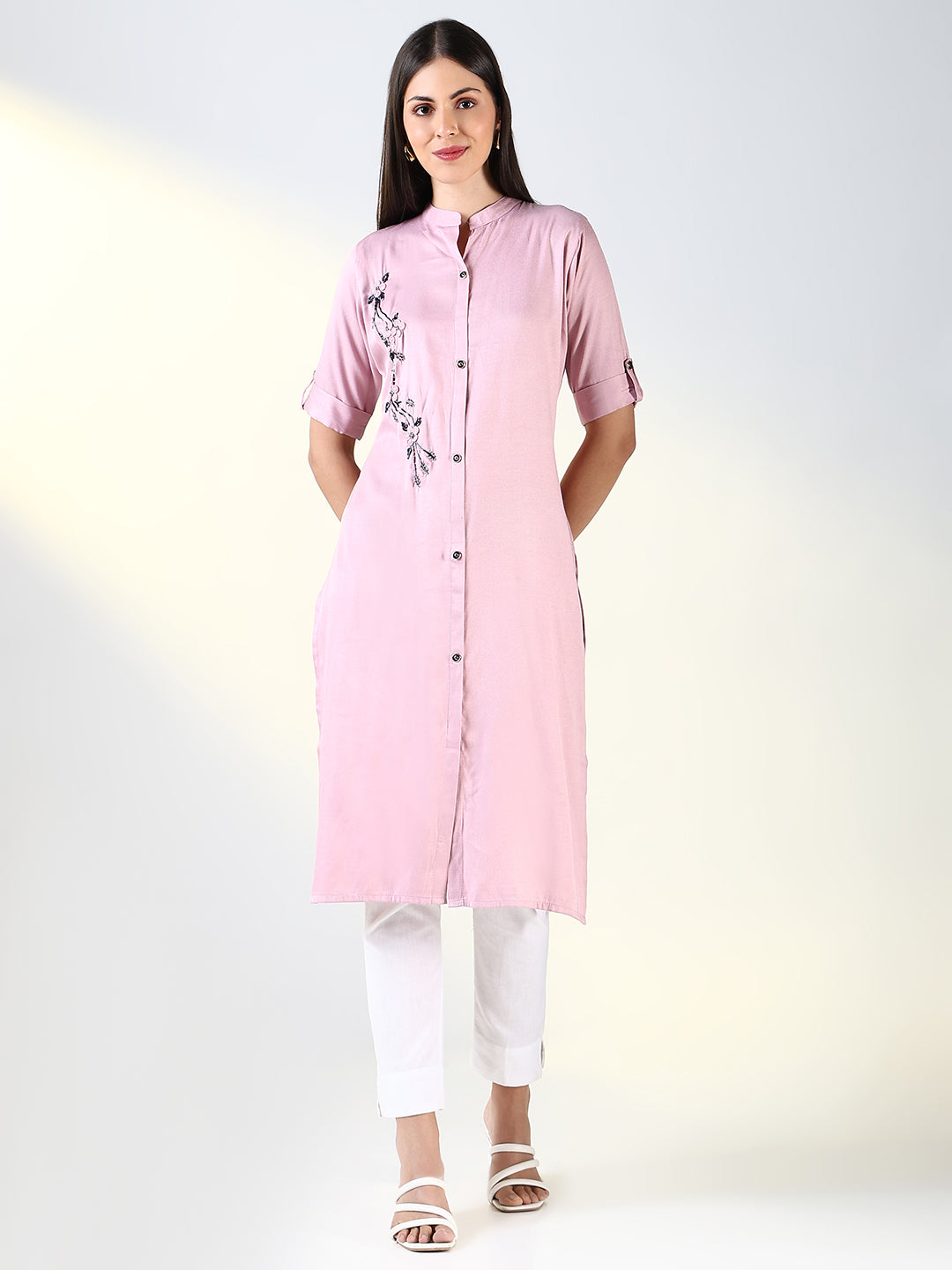 Women Pink Solid Straight Kurta