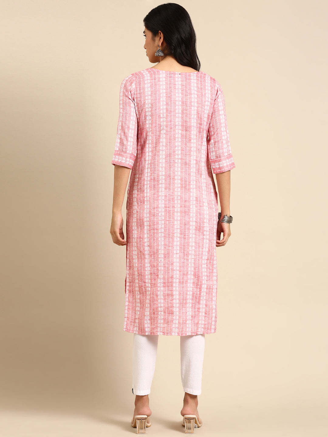 Women Woven Design Pink Straight Kurta