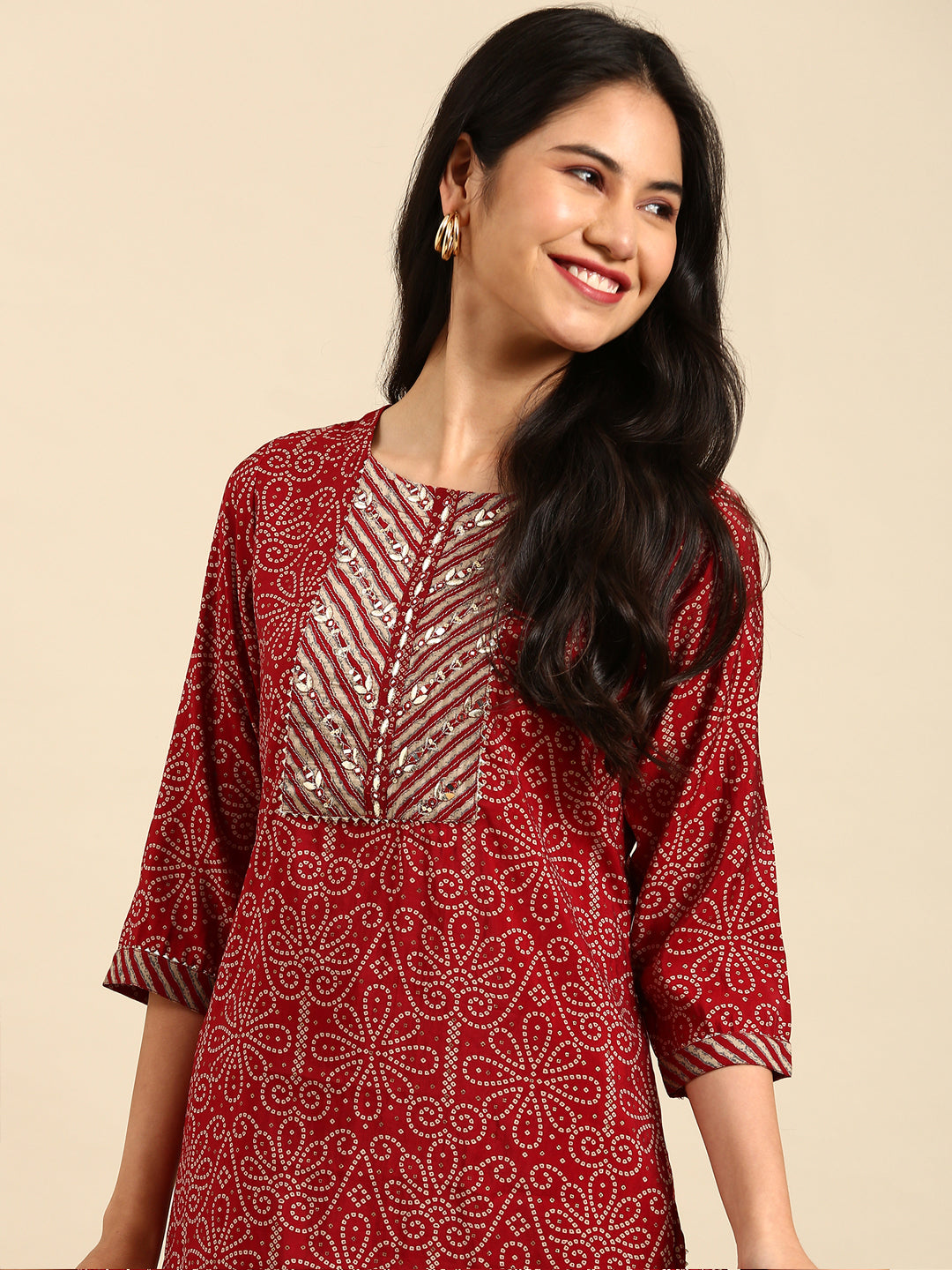 Women Leheriya Maroon Straight Kurta Set