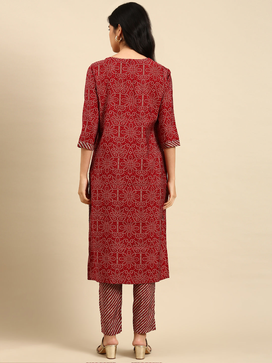 Women Leheriya Maroon Straight Kurta Set