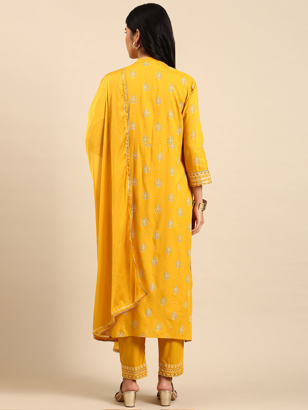 Women Graphic Yellow Anarkali Kurta Set with Dupatta