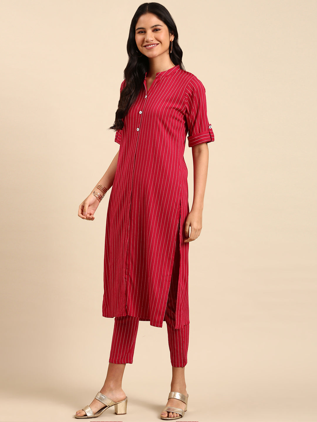 Women Striped Pink Straight Kurta Set