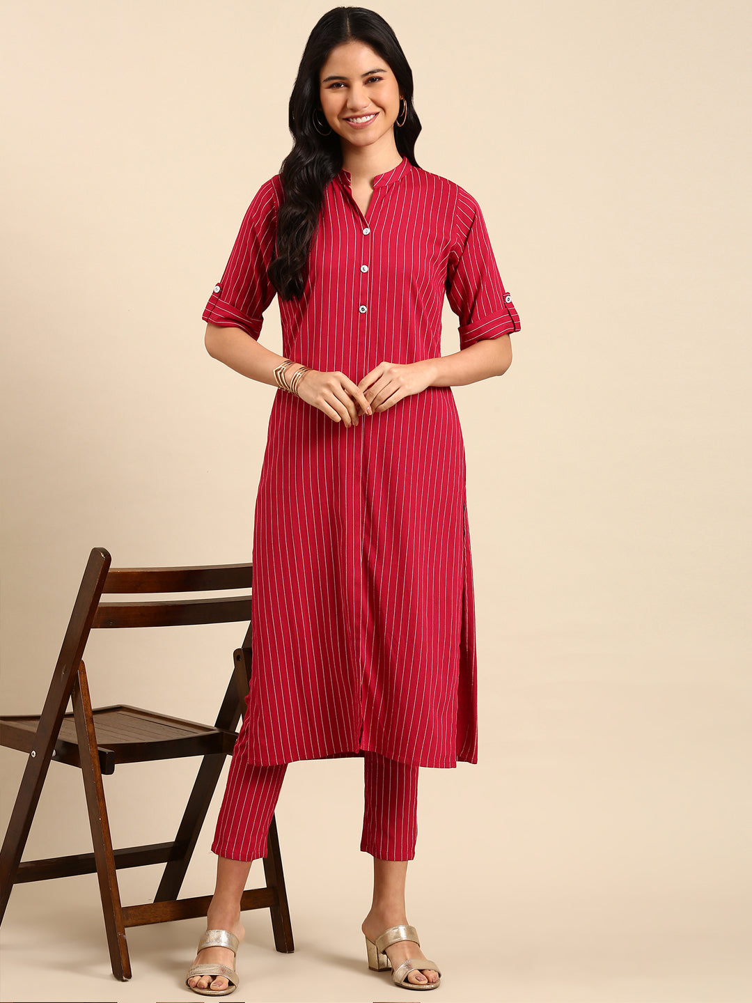 Women Striped Pink Straight Kurta Set