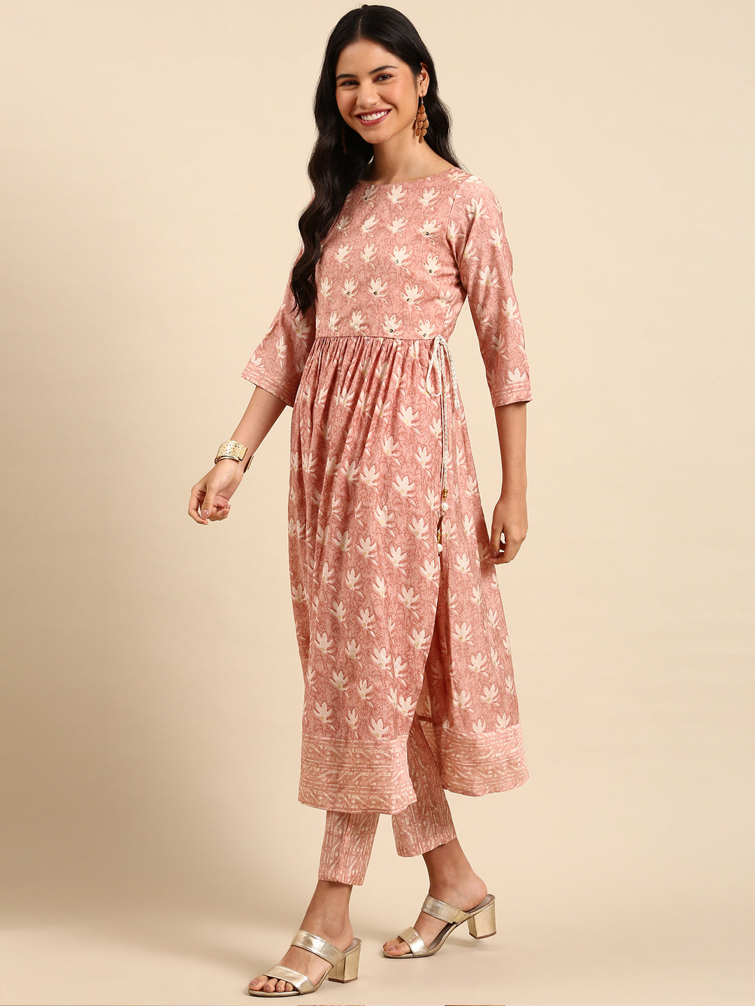 Women Floral Peach Anarkali Kurta Set