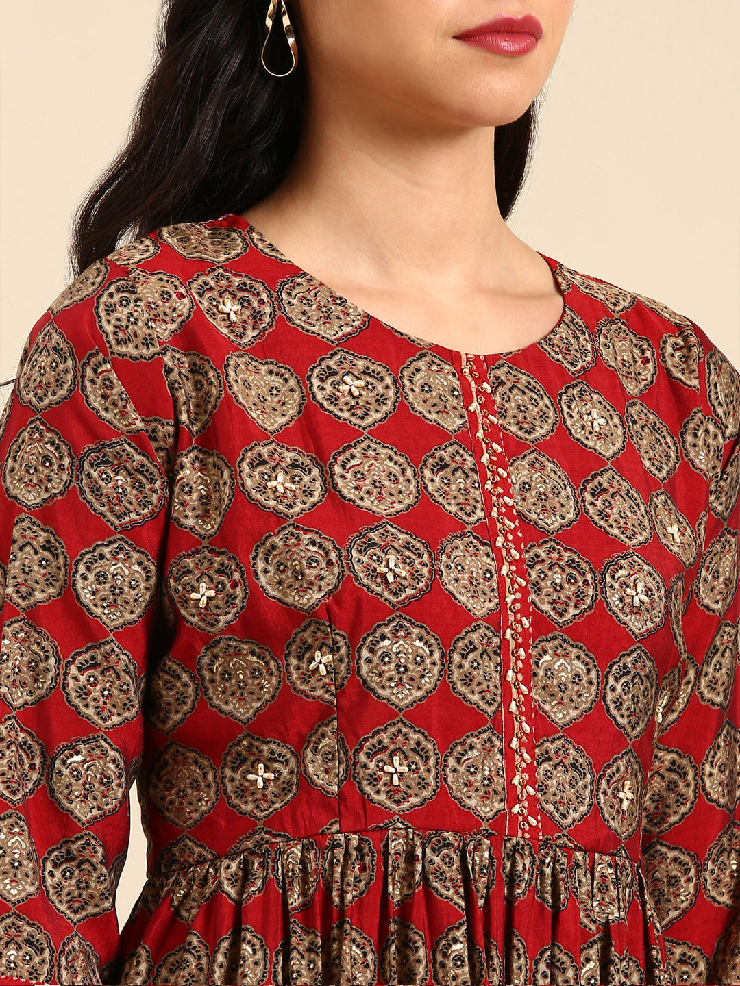 Women Graphic Maroon Anarkali Kurta Set