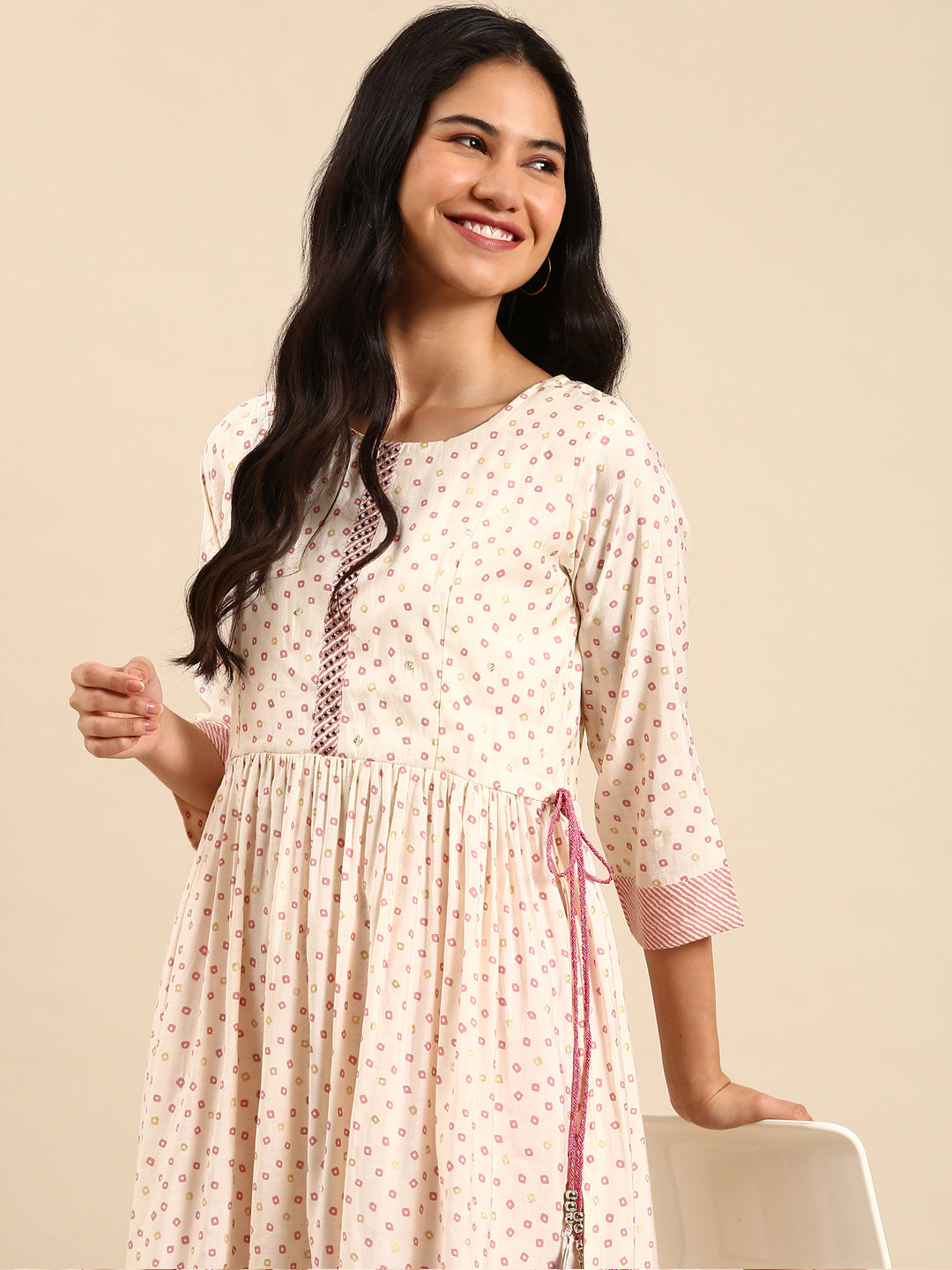 Women Bandhani Cream Anarkali Kurta Set