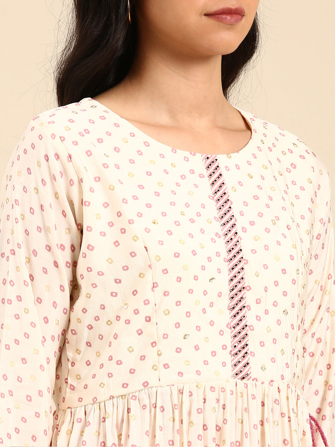 Women Bandhani Cream Anarkali Kurta Set