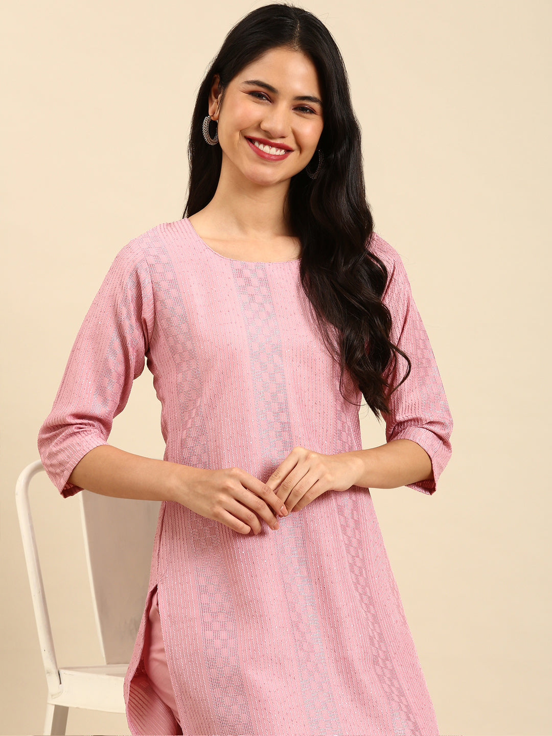 Women Solid Pink Straight Kurta Set