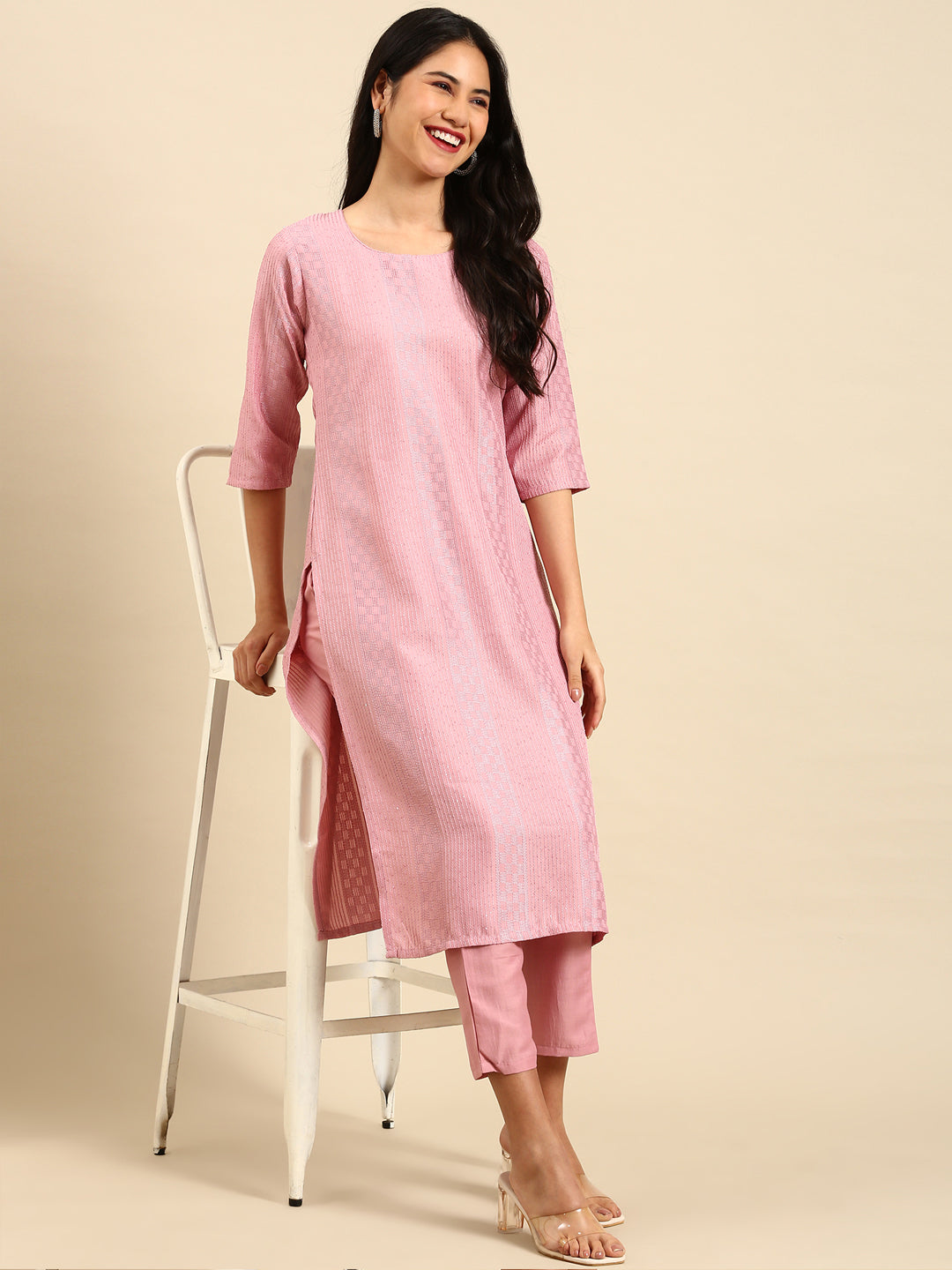 Women Solid Pink Straight Kurta Set