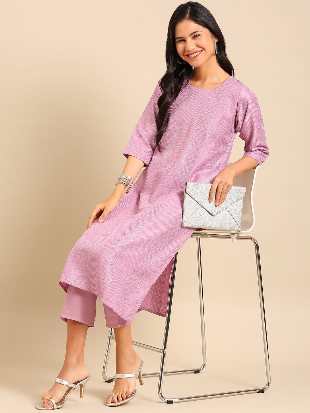 Women Solid Purple Straight Kurta Set