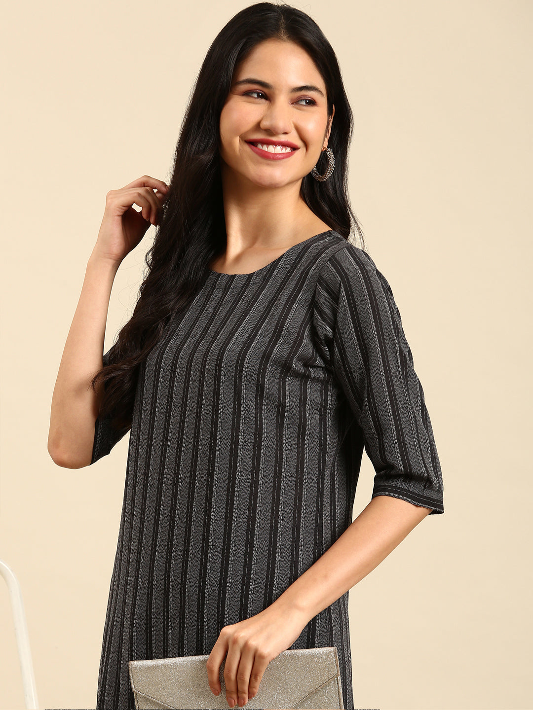 Women Striped Black Straight Kurta Set