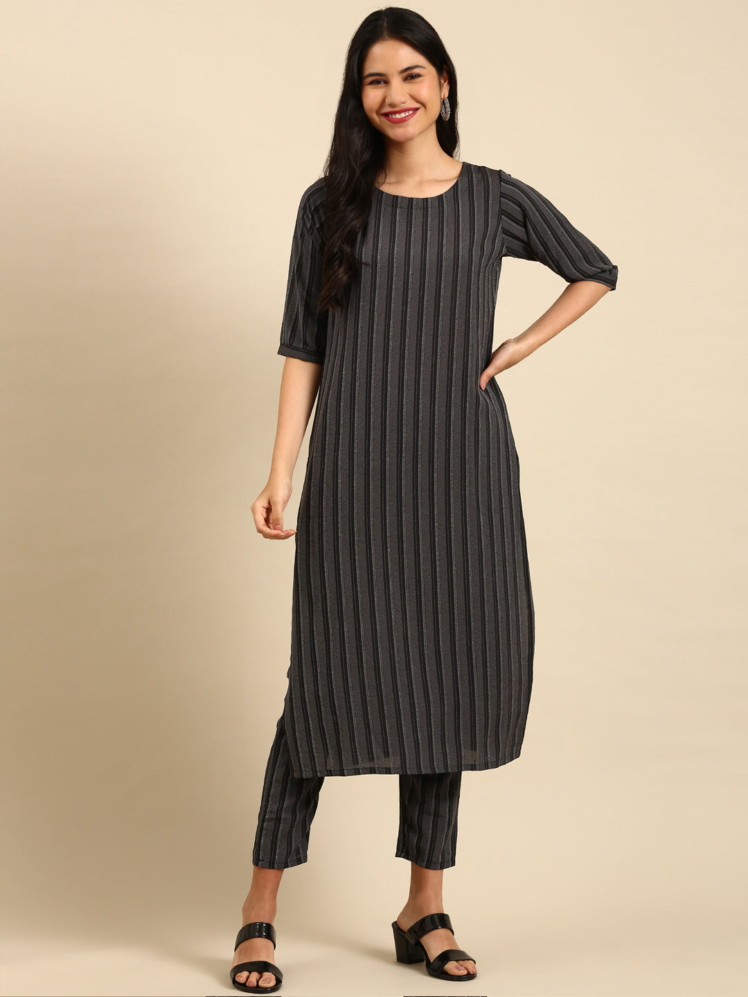 Women Striped Black Straight Kurta Set