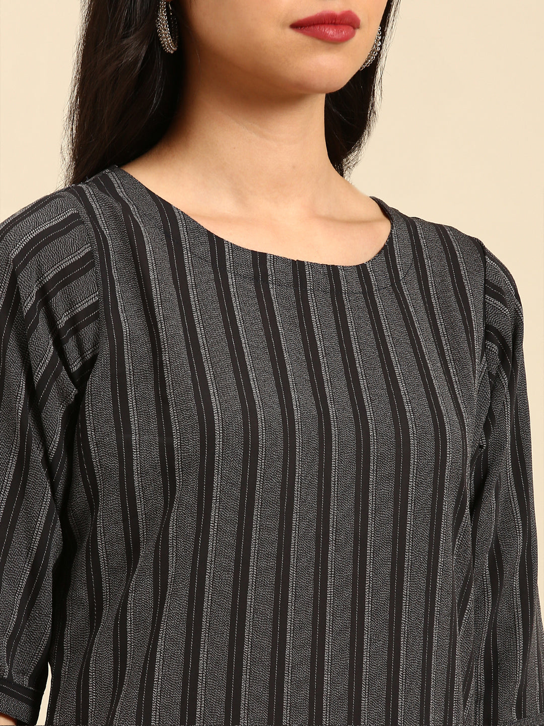 Women Striped Black Straight Kurta Set