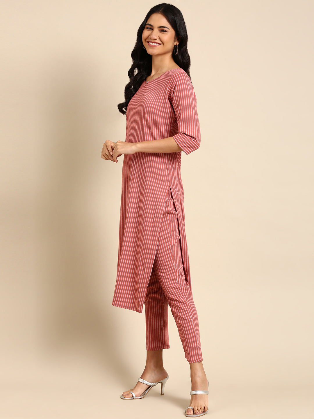 Women Striped Red Straight Kurta Set