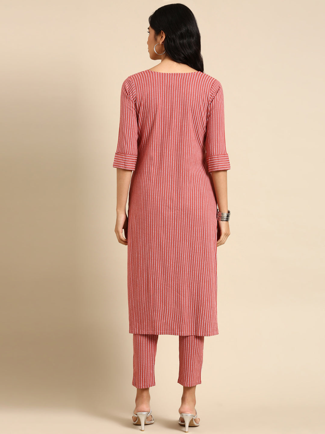 Women Striped Red Straight Kurta Set