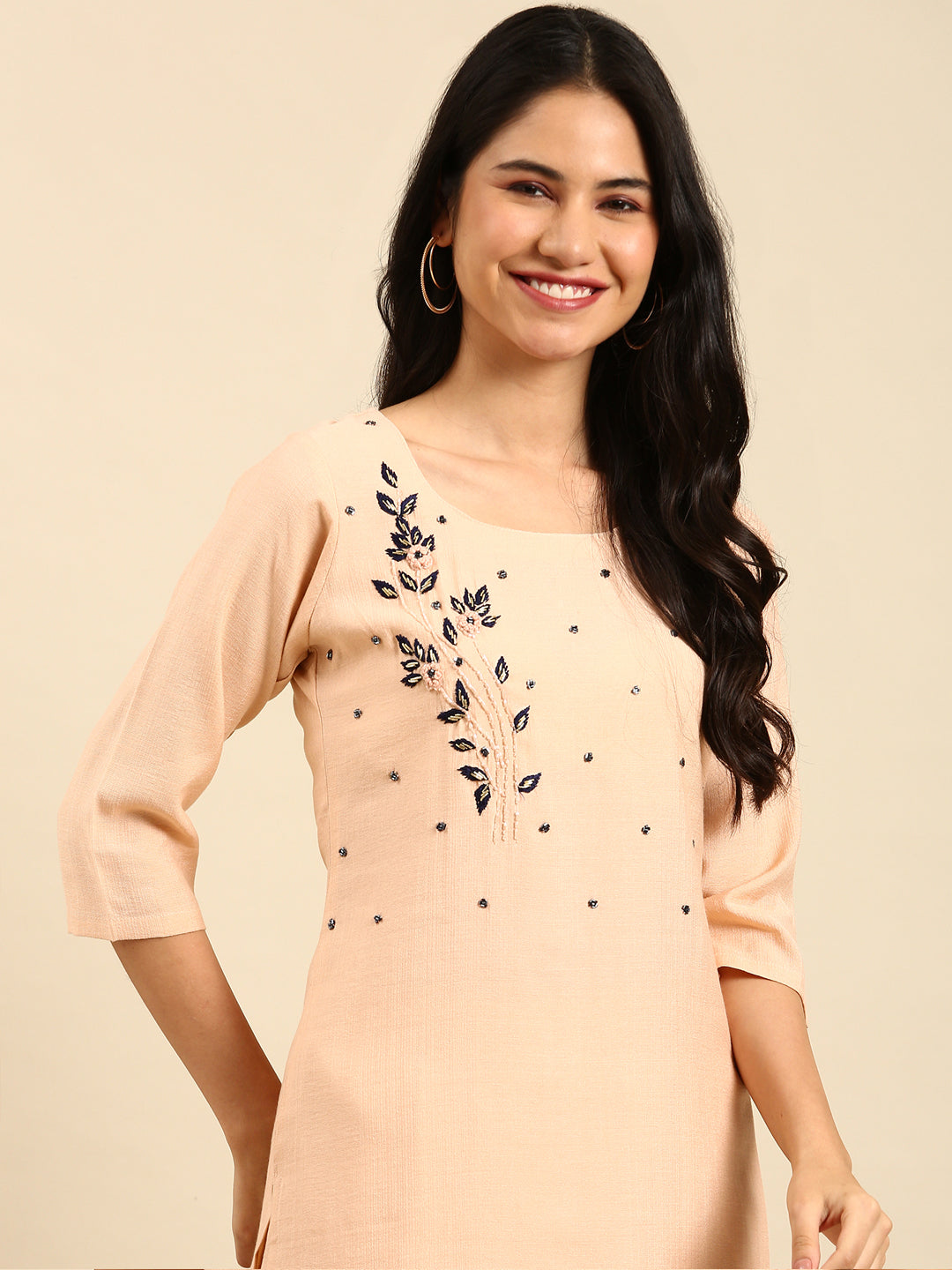 Women Solid Peach Straight Kurta Set