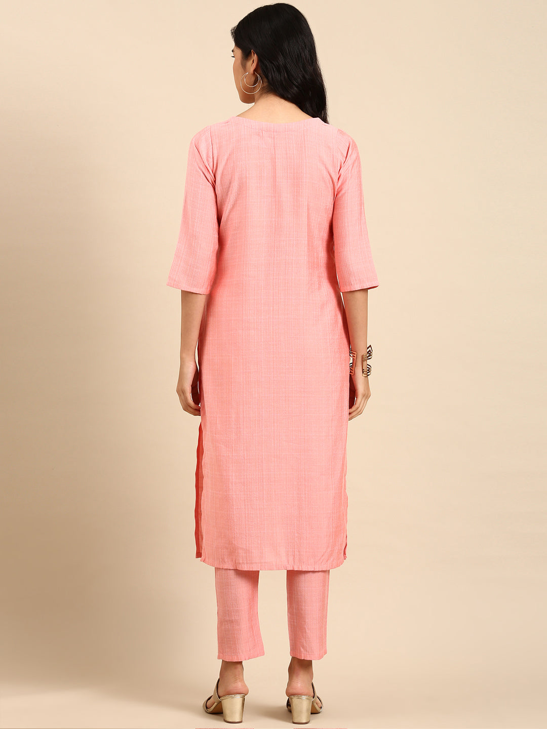 Women Solid Peach Straight Kurta Set