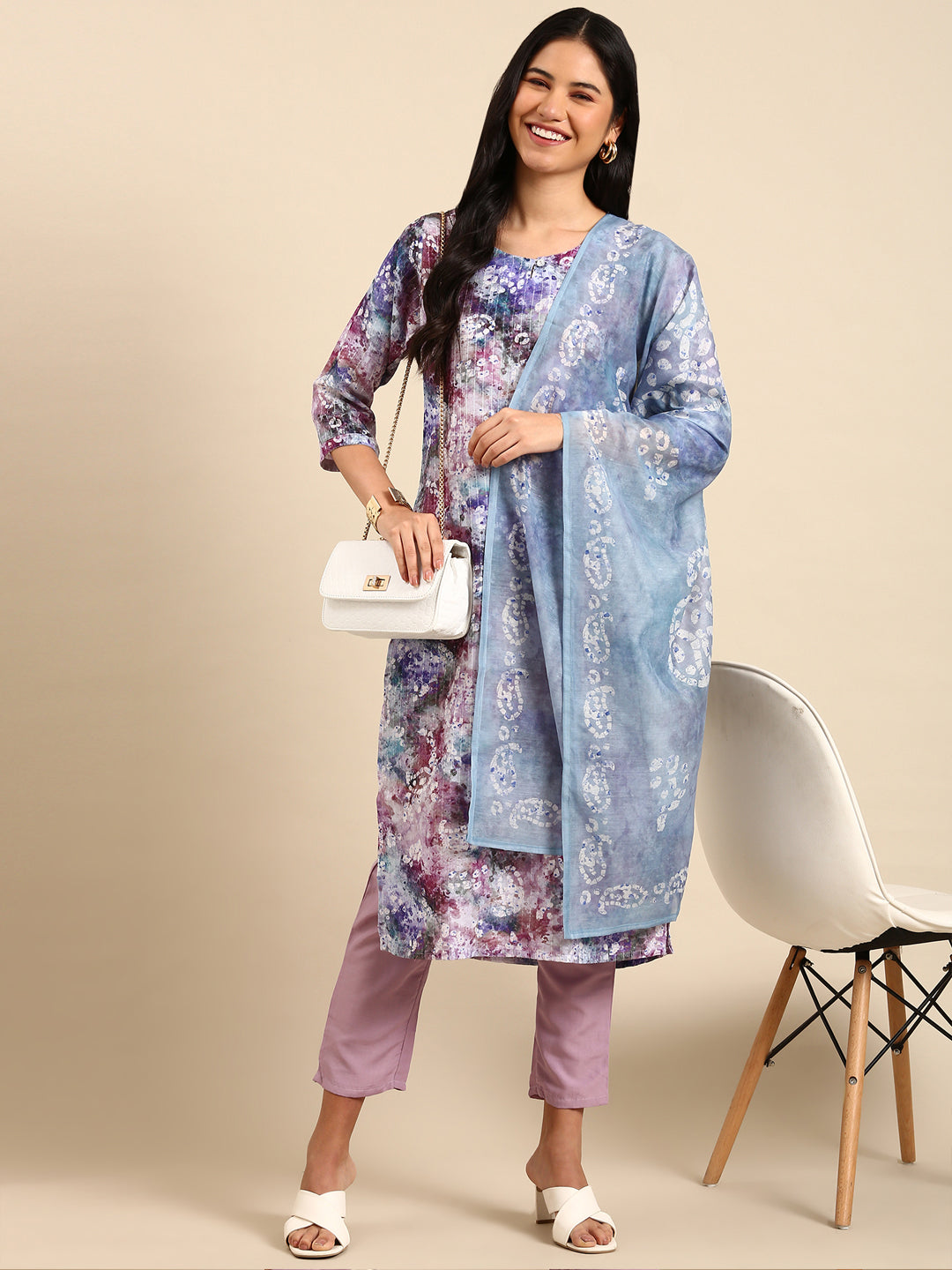 Women Paisley Purple Straight Kurta Set with Dupatta