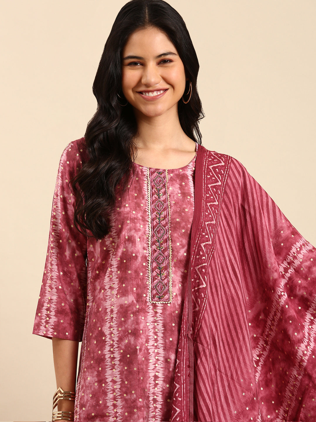 Women Abstract Pink Straight Kurta Set with Dupatta