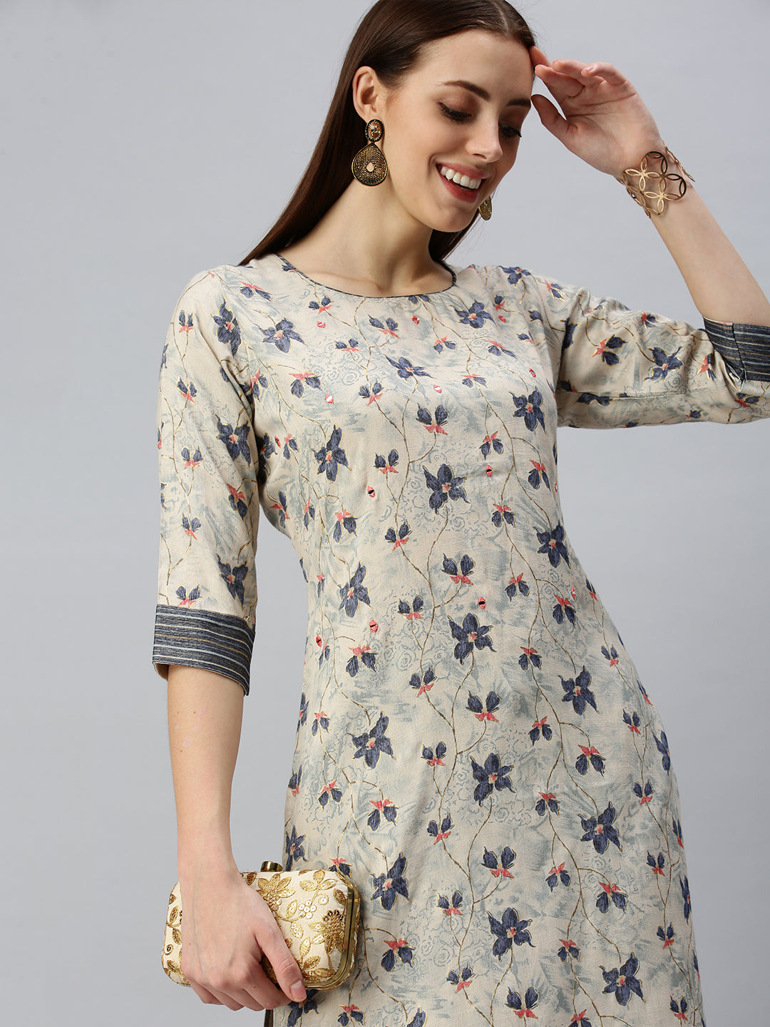 Women Straight Beige Printed Kurta and Trousers