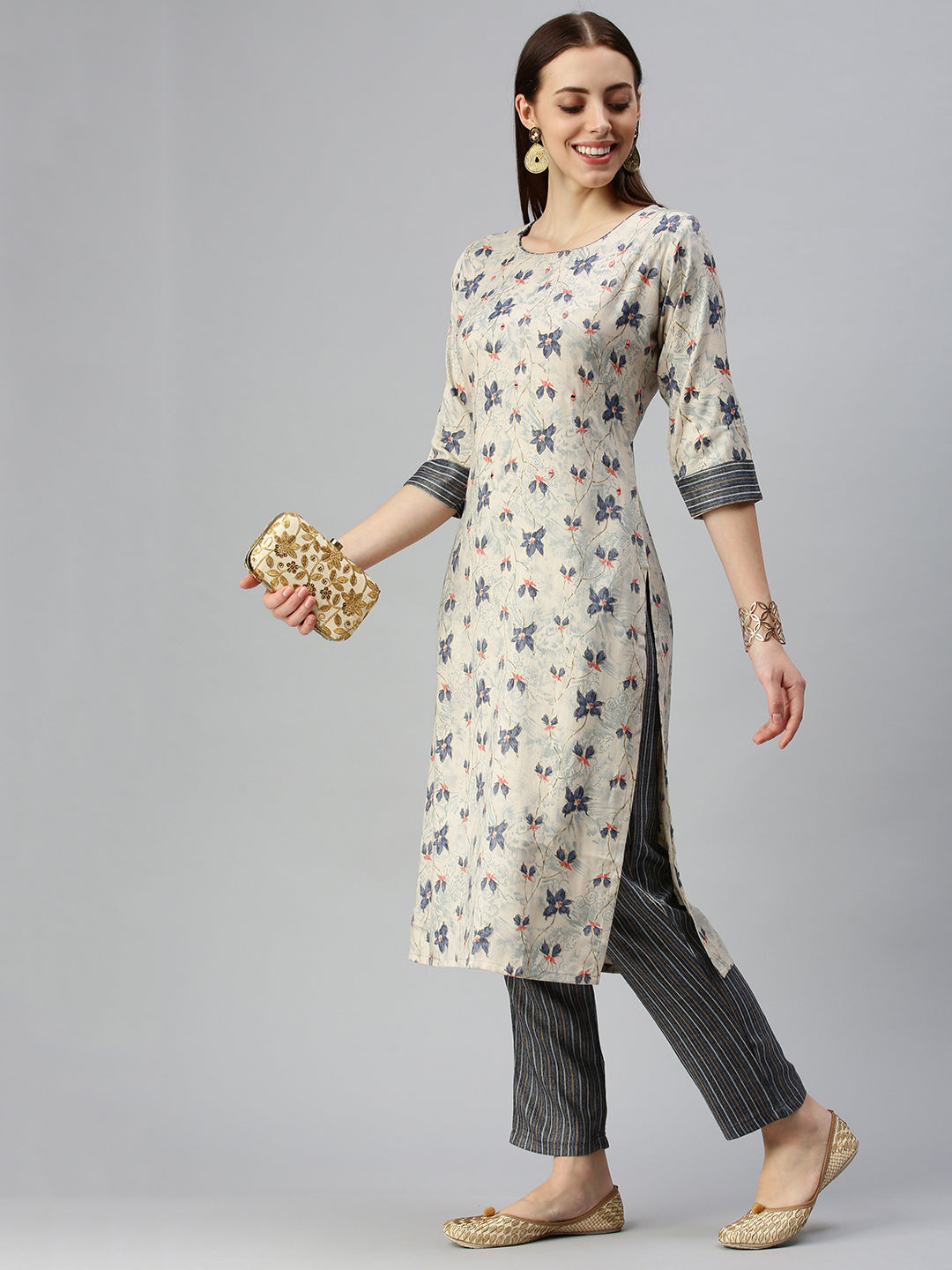 Women Straight Beige Printed Kurta and Trousers